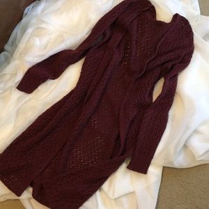 Burgundy Full-Length Knitted Sweater Cardigan